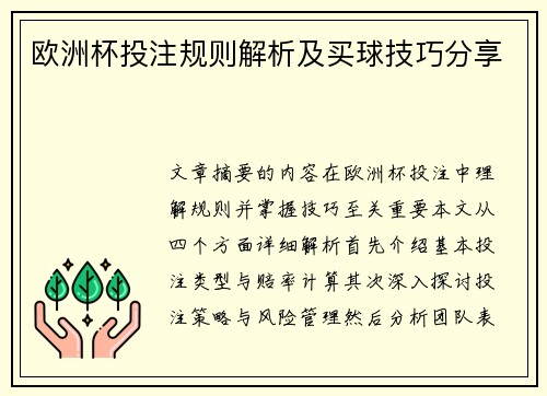 欧洲杯投注规则解析及买球技巧分享